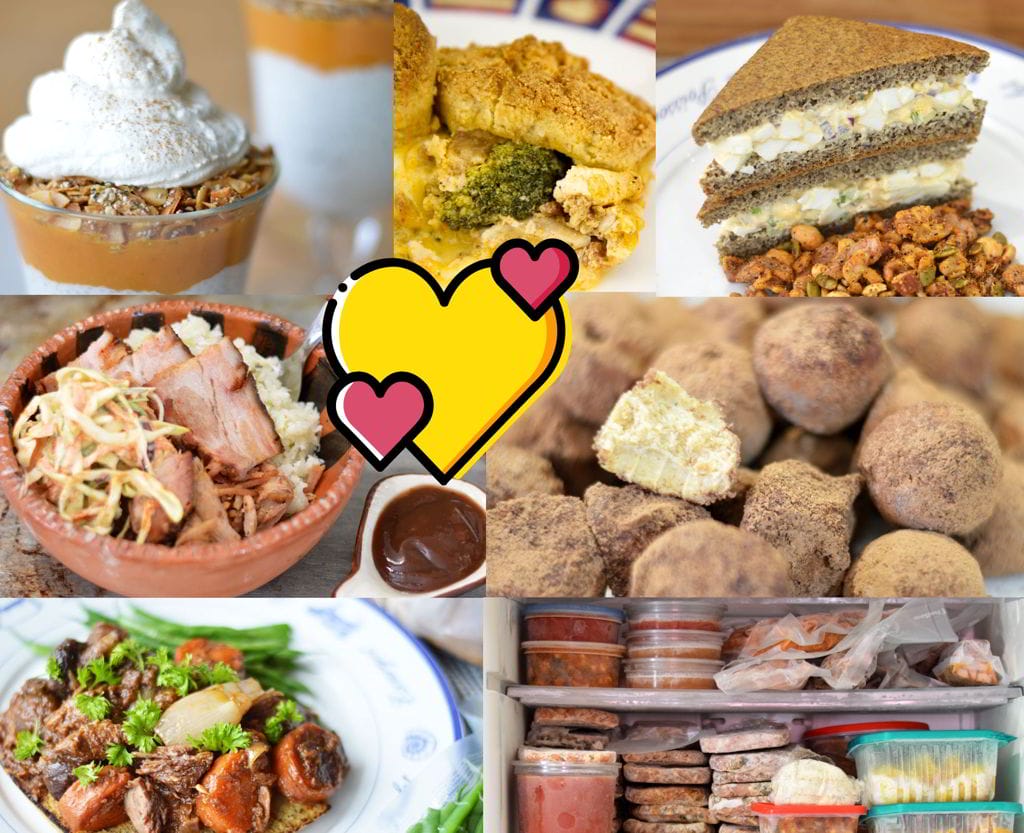 Collage of low-carb freezer-friendly meals from Making Ends Meat cookbook, including chocolate truffles, pulled pork, casseroles, meal-prep containers, and keto desserts