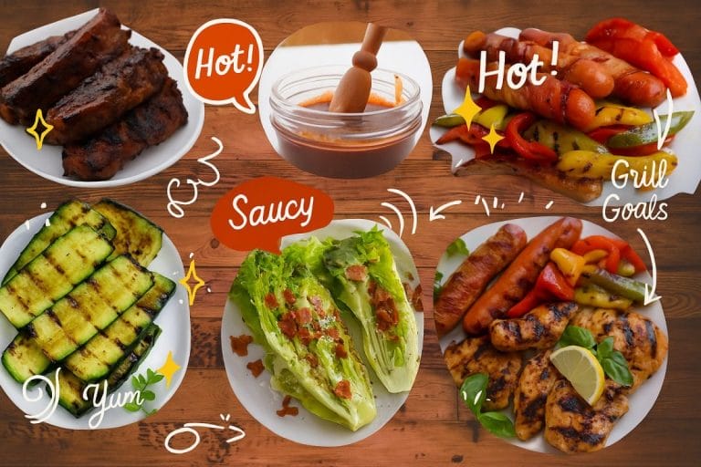 Low carb BBQ recipe collage featuring grilled ribs, zucchini, bacon-wrapped hot dogs, sausage with peppers, lemon oregano chicken, grilled romaine salad, and sugar-free BBQ sauce.