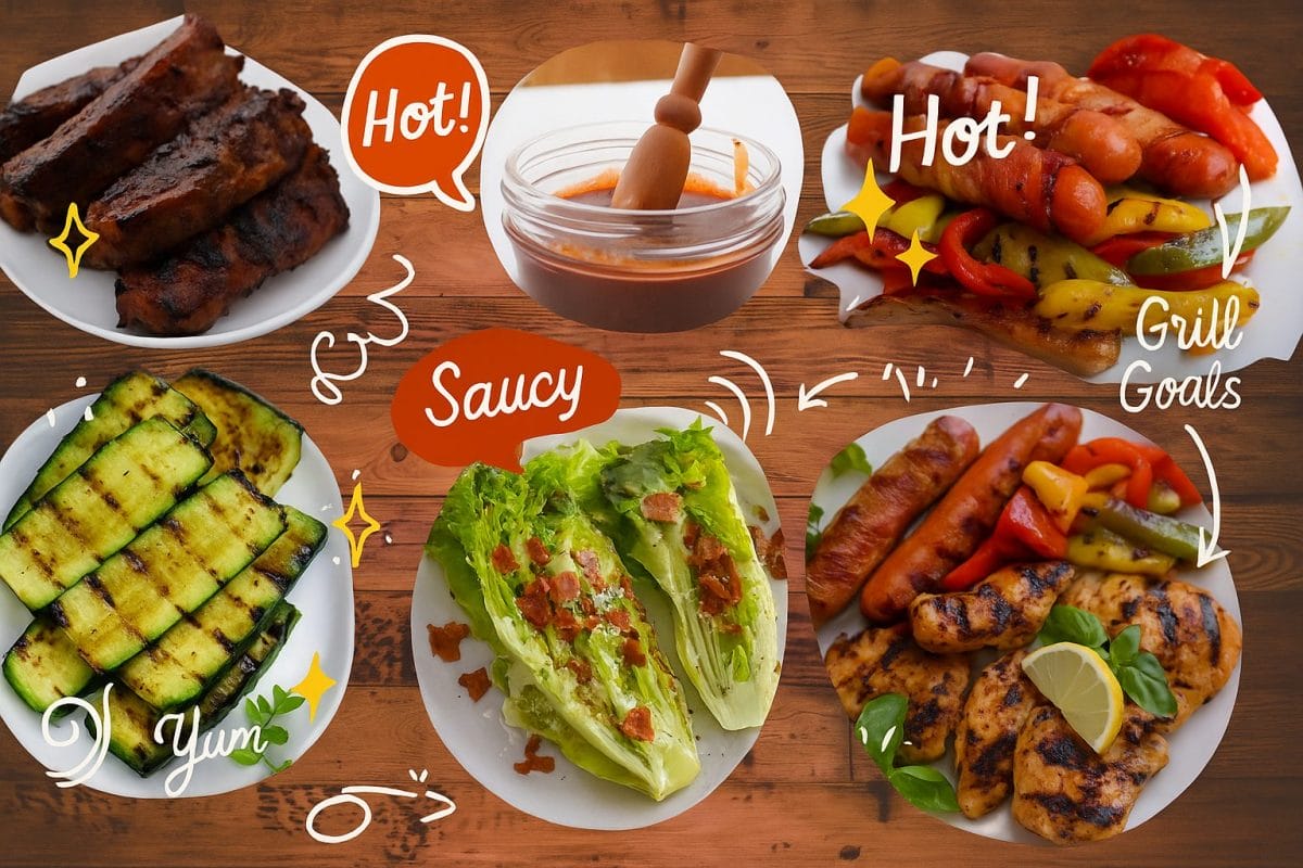 Low carb BBQ recipe collage featuring grilled ribs, zucchini, bacon-wrapped hot dogs, sausage with peppers, lemon oregano chicken, grilled romaine salad, and sugar-free BBQ sauce.